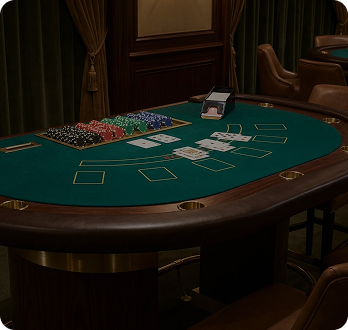 Blackjack table with cards, chips, and dealer — elegant casino interior