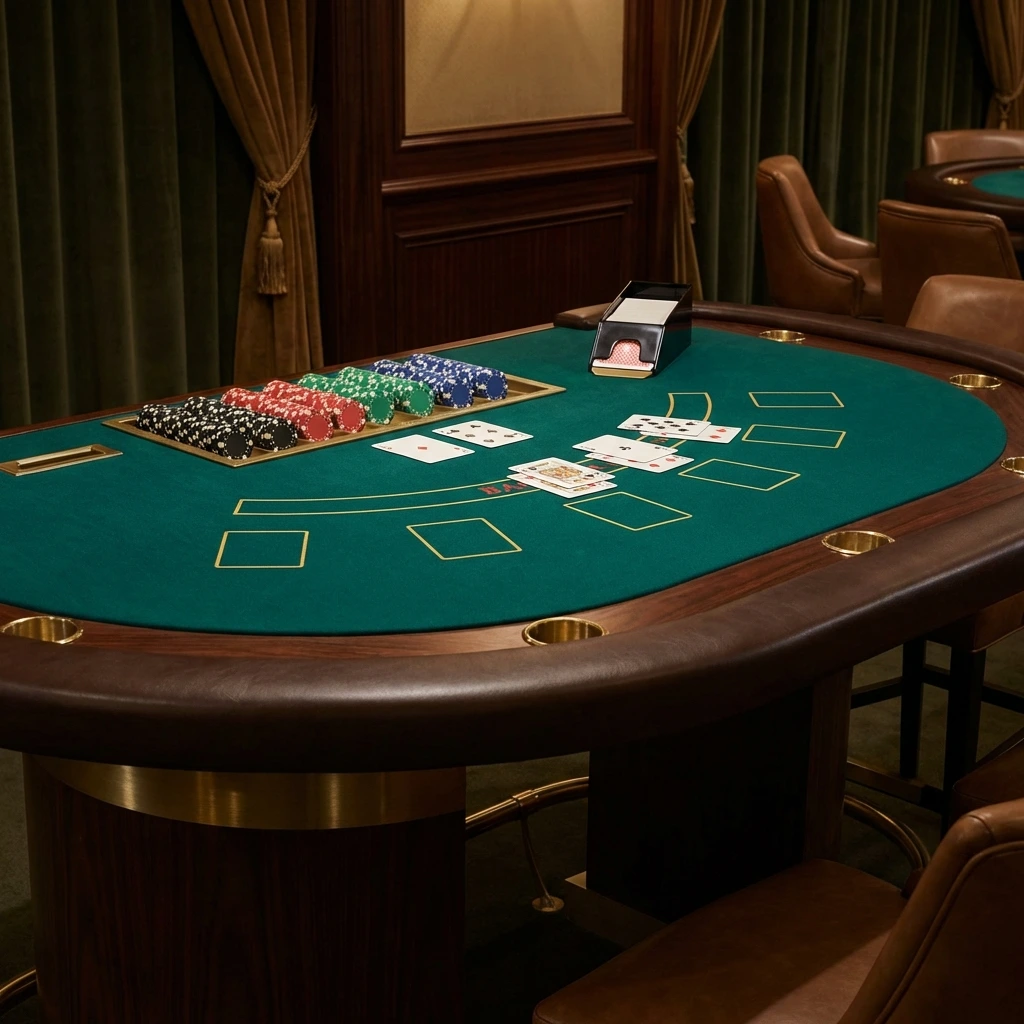 Blackjack table with cards, chips, and dealer — elegant casino interior
