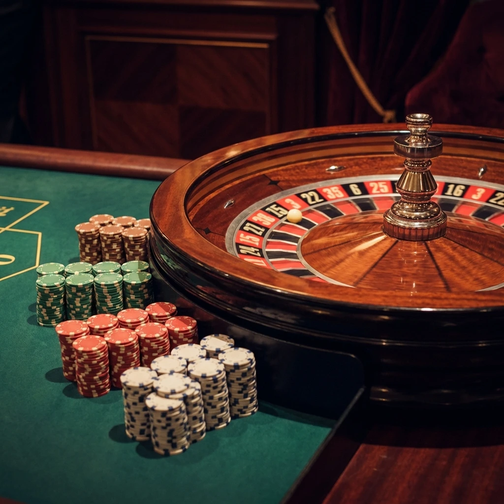 European Roulette wheel with red/black pockets, green zero, and betting layout