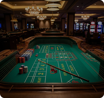 Craps table with dice, chips, and players — lively casino environment