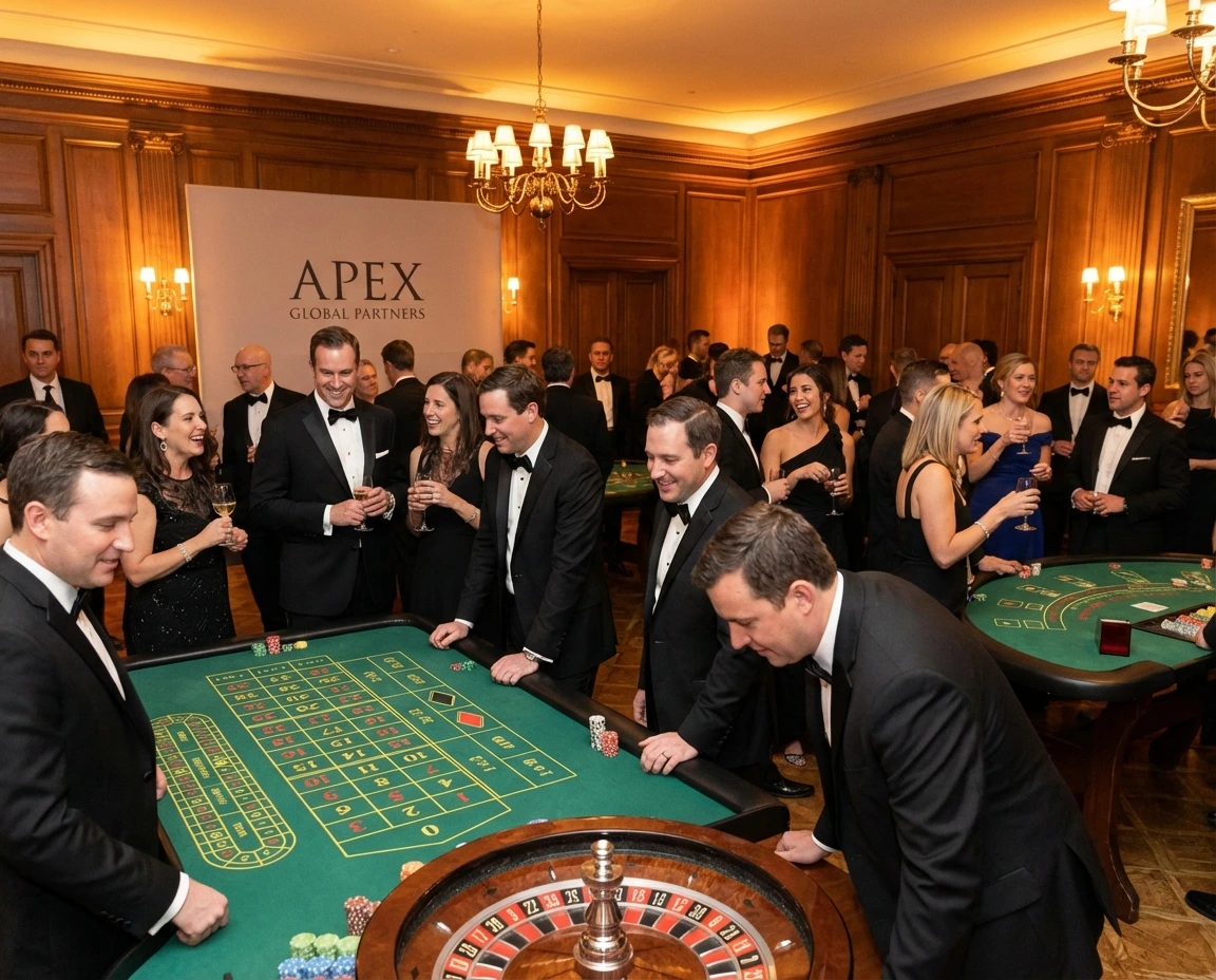 Classic casino decoration: black marble tables, tuxedos, chandeliers, poker and roulette — sophisticated corporate event