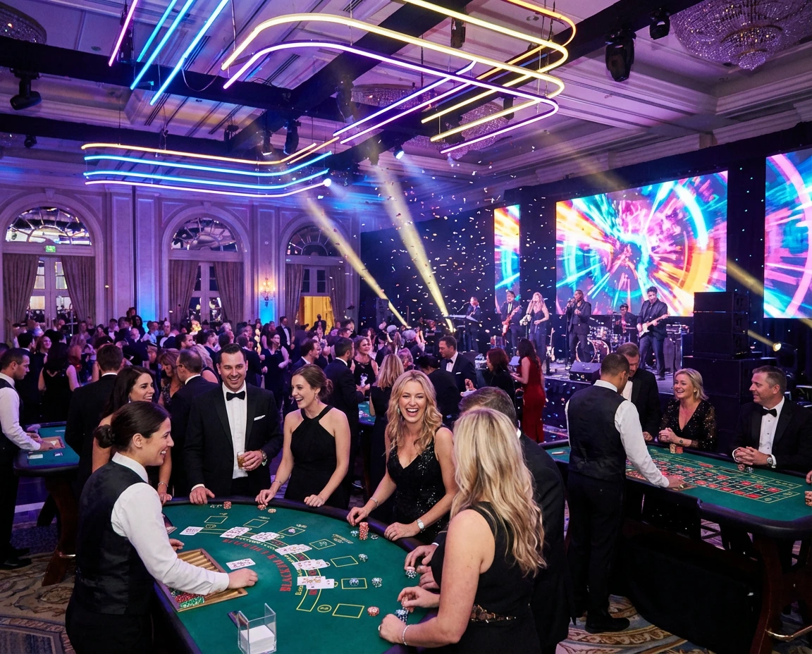 Vibrant Las Vegas–style casino event: neon lights, live band, guests at green tables, dynamic atmosphere
