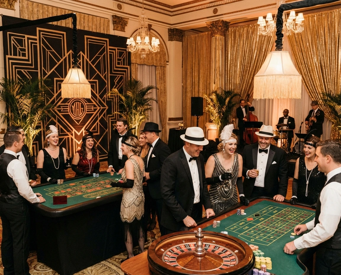 Great Gatsby–themed party: Art Deco decor, flapper dresses, gold accents, roulette table, elegant guests